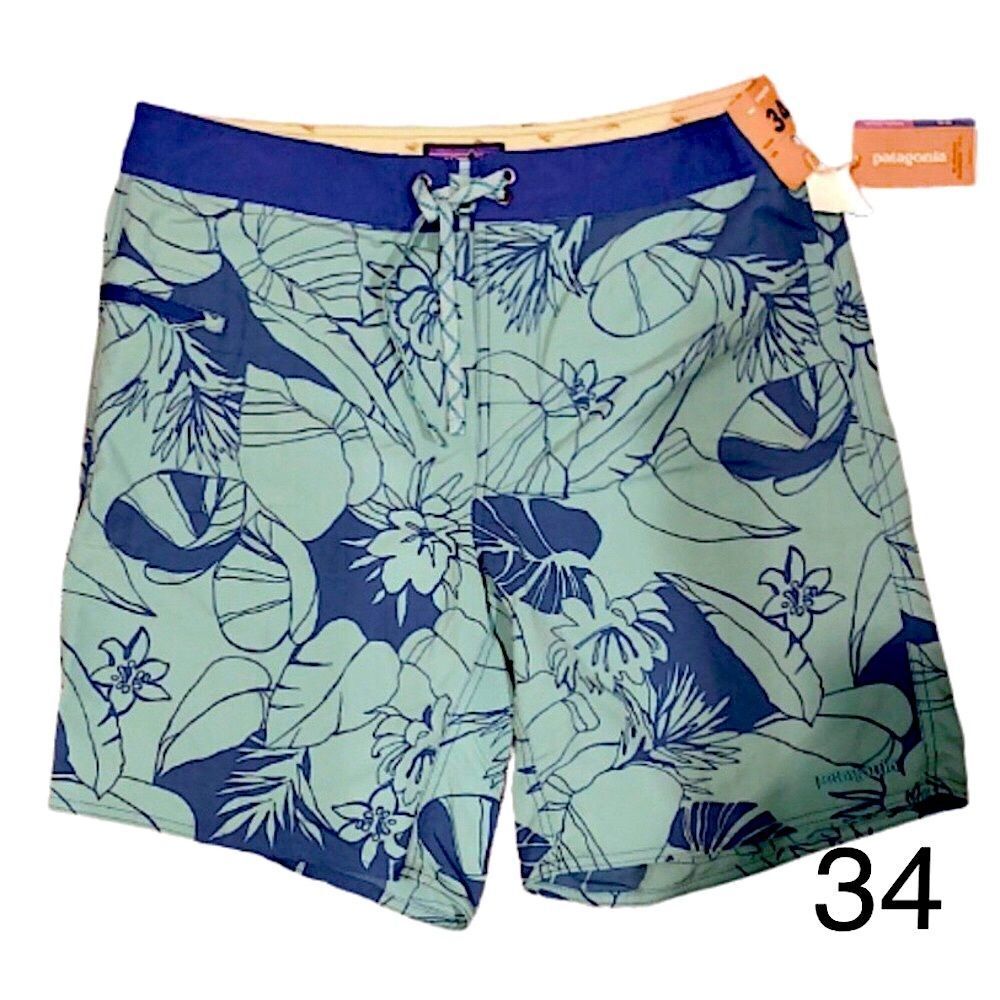 PATAGONIA Mens Work Wear Board Short Navy Turquoise Hawaiian Pattern Sz 34